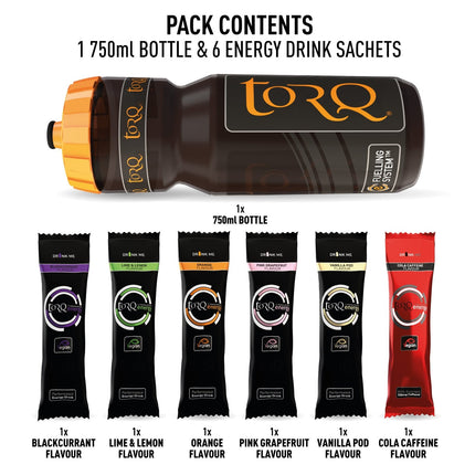 TORQ Energy 750ml Bottle Sample Pack - 6 Drinks (5 x Standard, 1 x Caffeinated) - TQENETORQBOTTLE6 - Aerolux